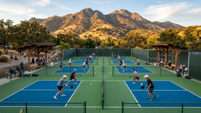 Community pickleball players playing doubles on six blue-and-green cushioned pickleball courts enclosed by acoustic sound-baffle panels with Mount Diablo in the background at Clayton Community Park