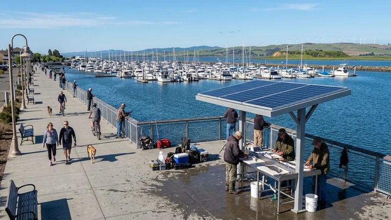 Recreational anglers and waterfront walkers on a renovated concrete pier with a solar-canopy stainless-steel fish-cleaning pavilion overlooking the Delta at Pittsburg Marina