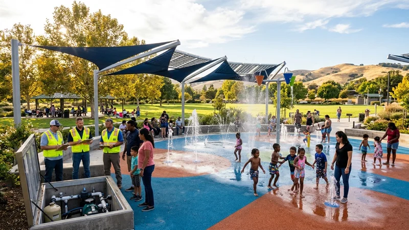 Families and park engineers beside a zero-depth interactive water spray plaza with blue-and-terracotta non-slip surfacing covered by architectural blue shade sails at Prewett Family Park in Antioch