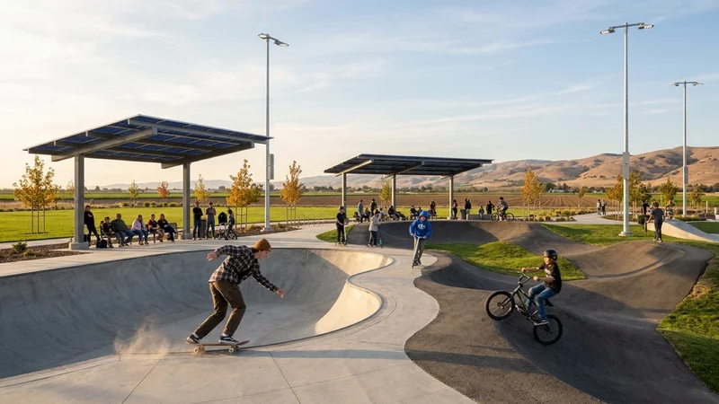 Teenagers and youth on skateboards and BMX bikes riding sculpted concrete bowls and asphalt pump-track rollers beneath shaded spectator canopies and LED light poles in Brentwood