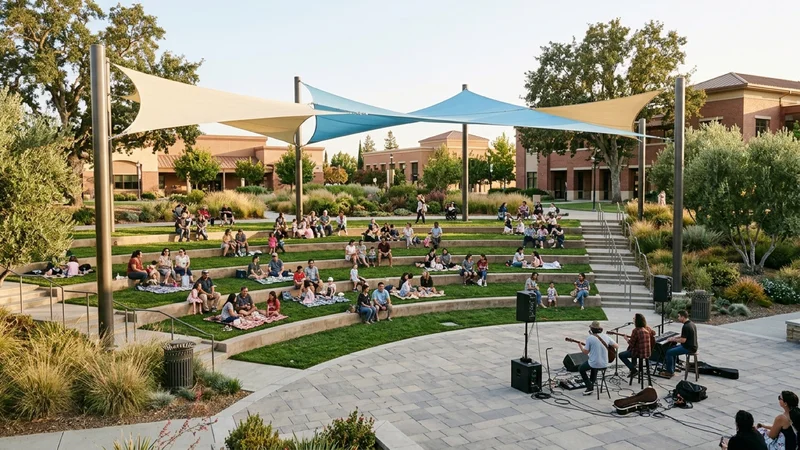 Families relaxing on a terraced green amphitheater lawn beneath architectural cream-and-blue tensioned shade sails in front of an outdoor stage plaza at Civic Center Park in downtown Oakley