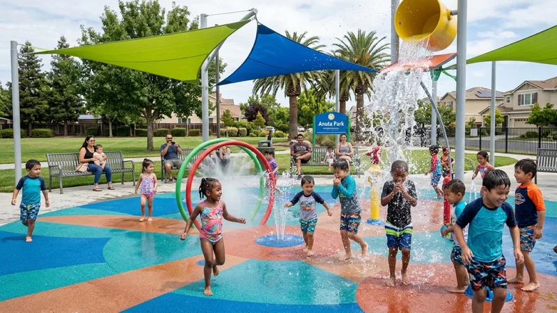 Families and children playing around colorful zero-depth water spray arches on a blue-and-terracotta cushioned splash pad beneath cantilevered shade sails at Anuta Park in Bay Point