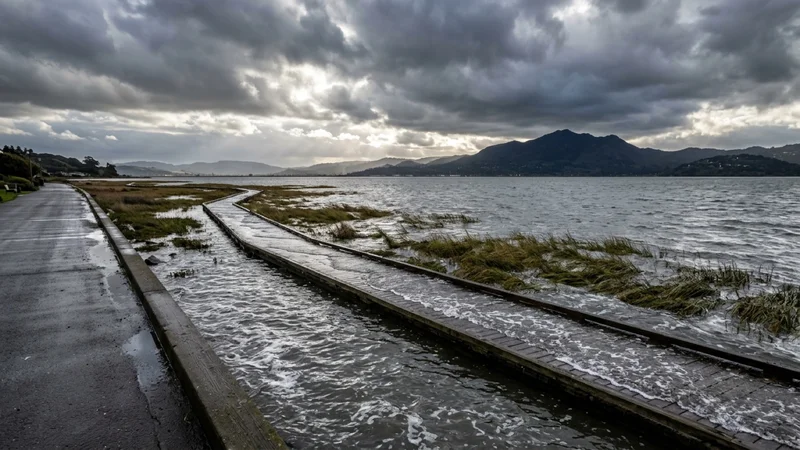 High tide water lapping against a shoreline promenade and marshland along San Pablo Bay in Contra Costa County