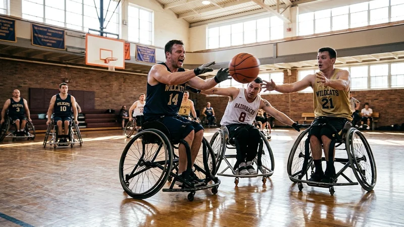 Wheelchair basketball players competing inside a gymnasium in specialized sports wheelchairs