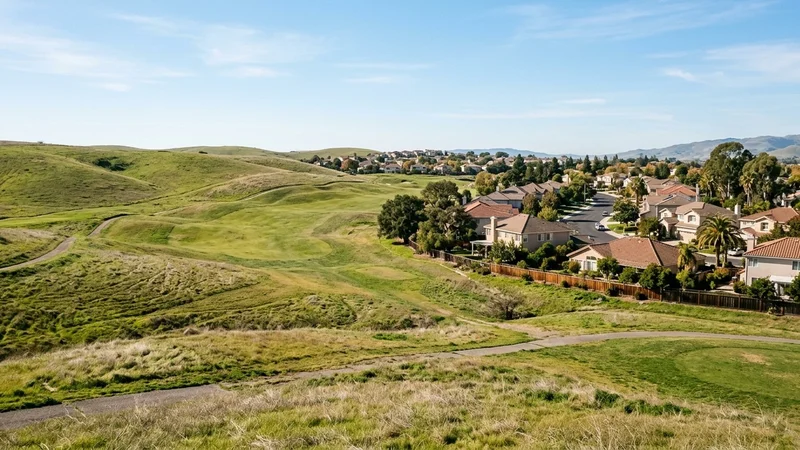 Rolling hillside of a former golf course bordering a residential neighborhood in Pittsburg, East Contra Costa County