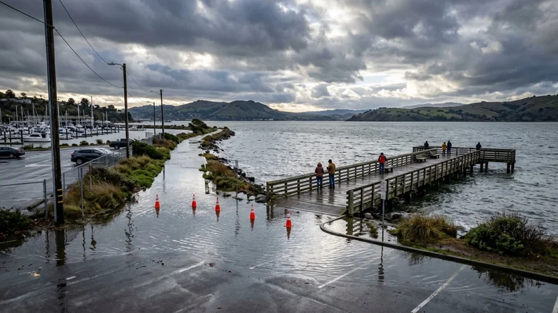 High Carquinez Strait tidewaters lapping near shoreline paths and the wooden fishing pier at Martinez Marina with traffic cones marking a flooded lot