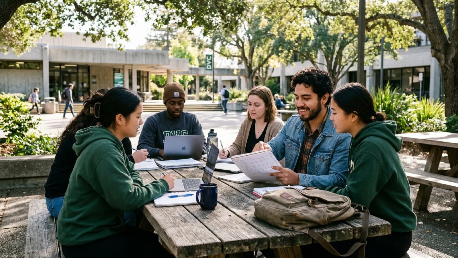 Community college students collaborating with laptops and notebooks at an outdoor courtyard table on campus