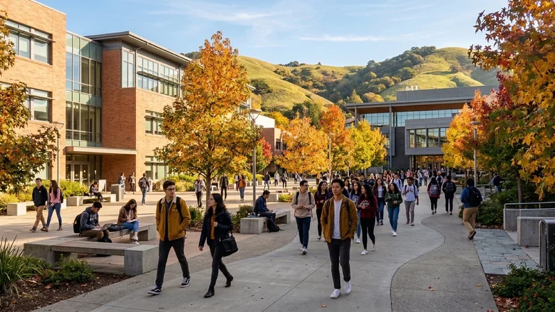 East Bay university campus walkway and municipal civic center plaza under autumn sunlight