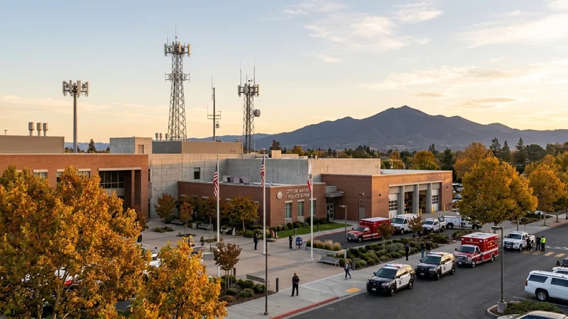 Municipal emergency response vehicles and civic center plaza in Antioch with Mount Diablo on the horizon at sunset