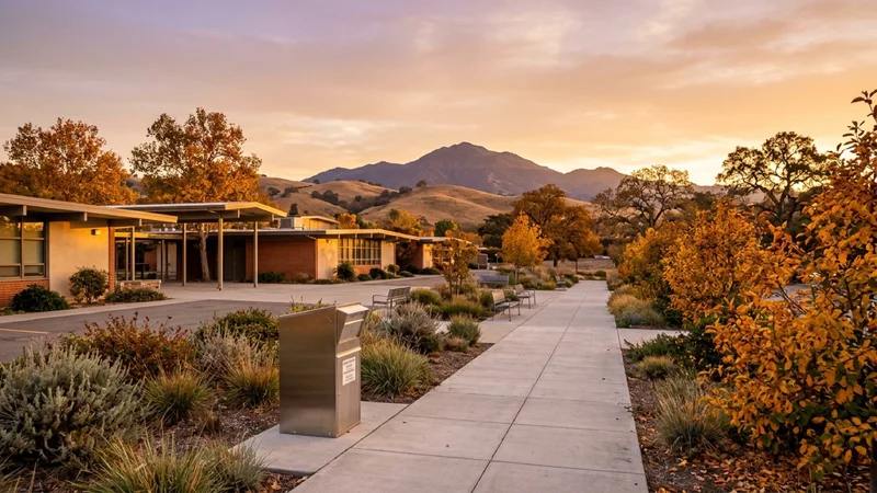 Contra Costa County public school exterior and election ballot drop-off plaza in golden-hour autumn light with Mount Diablo in the distance