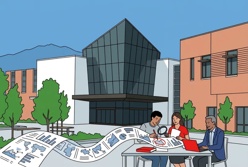 Editorial illustration of Diablo Valley College’s angular glass-peaked Student Union building with students and a local business mentor checking AI-generated charts with a magnifying glass and red pen in the campus courtyard