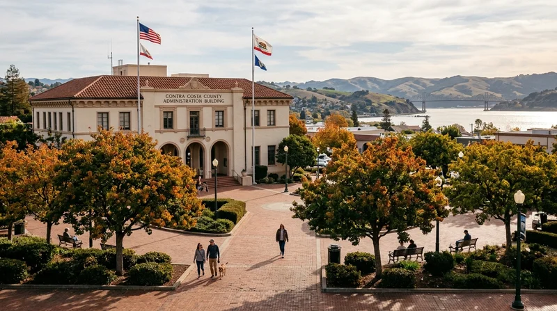 Contra Costa County Administration Building and Board Chambers plaza in Martinez with the Sacramento-San Joaquin Delta waterway in the background
