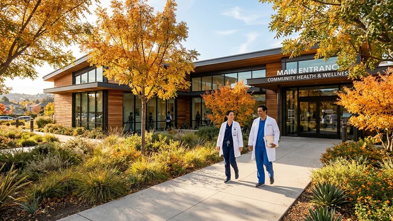 Exterior courtyard of a modern suburban community health clinic in Contra Costa County with autumn trees