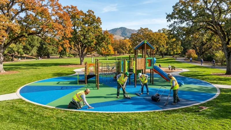 Sunny neighborhood park in Alamo with valley oak trees and maintenance workers installing colorful rubberized playground surfacing