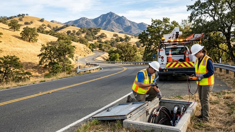 Utility technicians in hard hats inspecting underground electrical conduit vaults along an oak hillside road in Alamo California near Mount Diablo