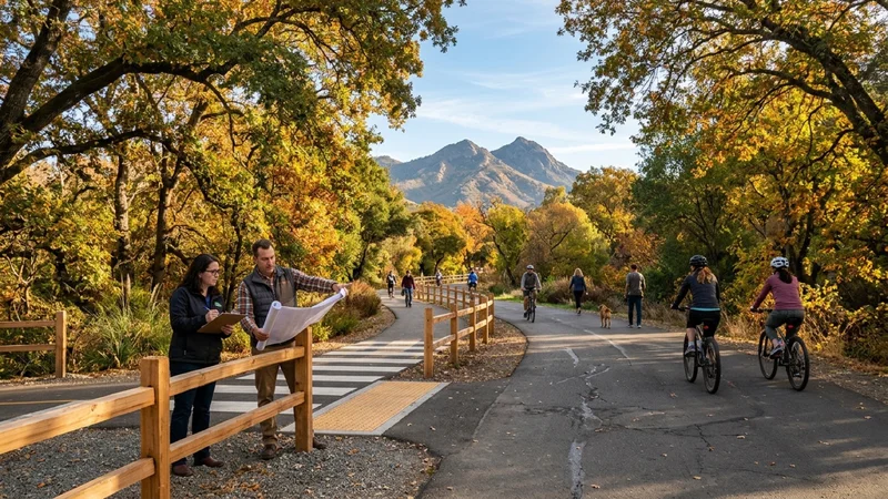 Cyclists and pedestrians on the paved Iron Horse Regional Trail beneath heritage oak trees in Alamo California with Mount Diablo in the distance