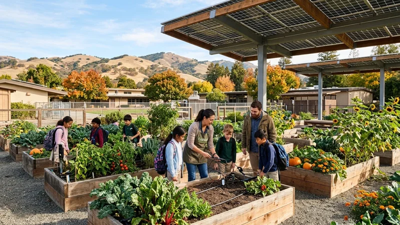 Elementary school outdoor science garden with cedar planter beds and solar canopies in Alamo California with Mount Diablo oak hills behind it