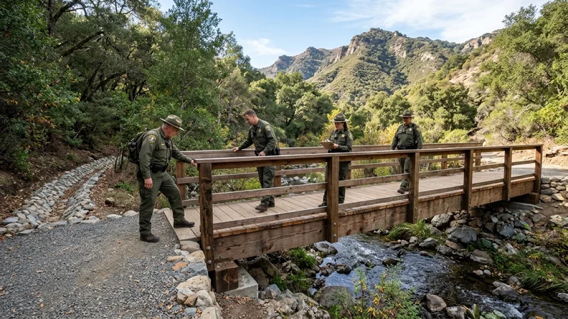 Park rangers inspecting a timber trail bridge over Bollinger Creek at Las Trampas Wilderness Regional Preserve near Alamo California