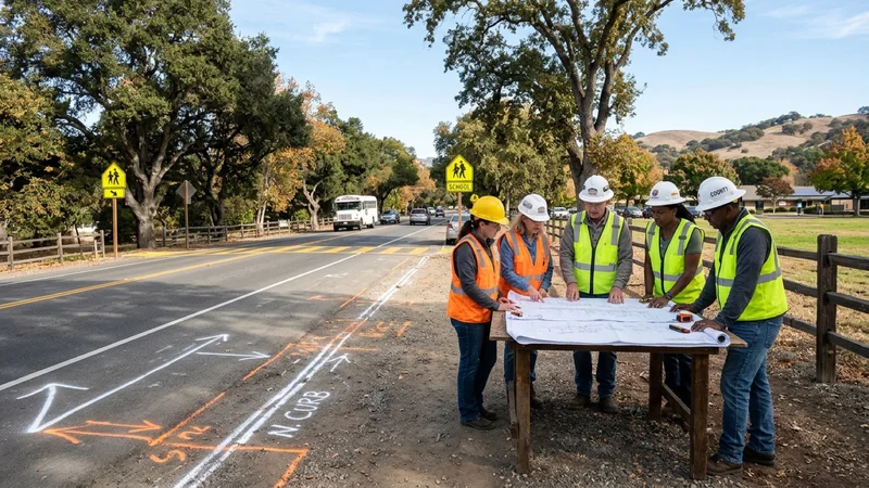Civil engineers reviewing blueprints along Stone Valley Road near Alamo Elementary School with marked curb alignments and oak trees