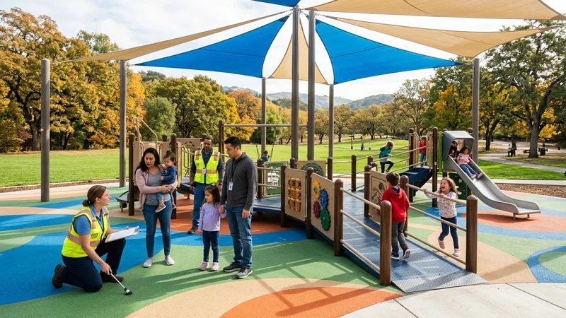 Contra Costa County park engineers and parents inspecting newly installed rubber surfacing and shade sails over the playground at Livorna Park in Alamo
