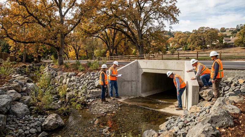 Contra Costa County flood control engineers inspecting a newly installed precast concrete box culvert and boulder creek channel near Danville Boulevard in Alamo