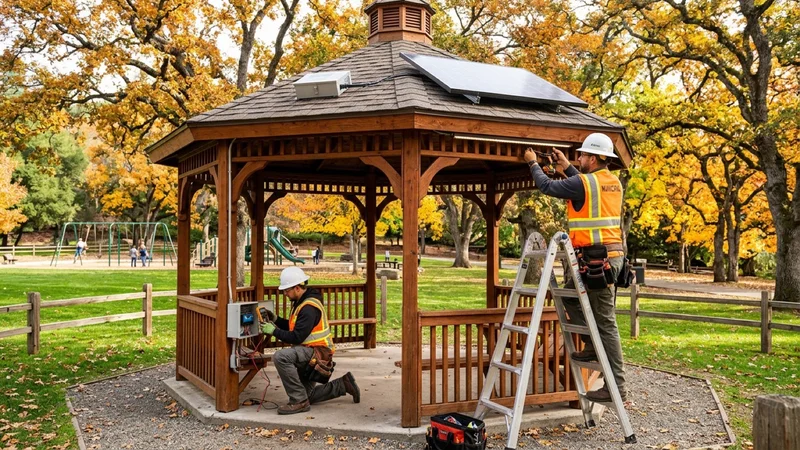 Contra Costa County park technicians installing warm architectural LED lighting and a rooftop solar battery pack on the redwood picnic gazebo in Alamo
