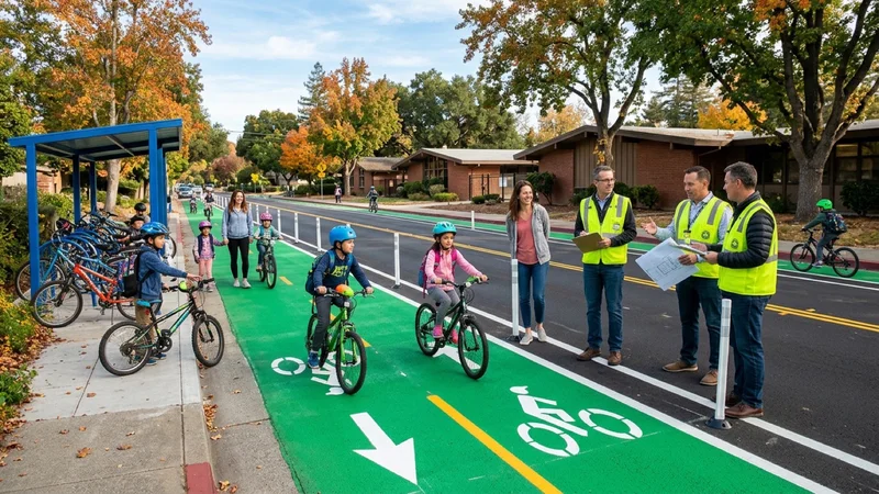 Parents, elementary students with bicycle helmets, and traffic engineers inspecting a newly painted green bike lane and covered bicycle corral in Alamo