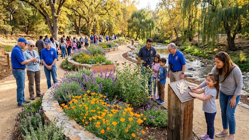 Volunteers and families examining raised cedar herb planters, native California flowers, and tactile bronze signs at Andrew H. Young Park in Alamo