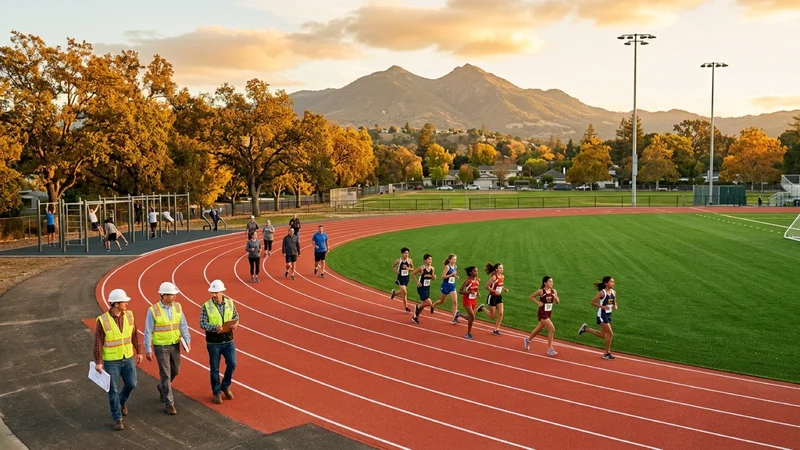 Community walkers, middle school runners, and engineers on a newly resurfaced terracotta-red eight-lane running track at Stone Valley Middle School in Alamo