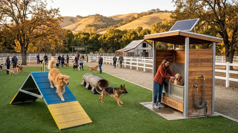 Dog owners with golden retrievers and shepherd dogs navigating agility obstacles on green K9 synthetic turf beside a cedar solar dog wash station at Hap Magee Ranch Park in Alamo