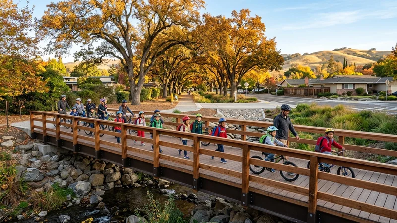 Parents and elementary school children walking bicycles across a newly built timber-and-steel pedestrian creek footbridge and stone rain-garden crosswalk along Hemme Avenue in Alamo