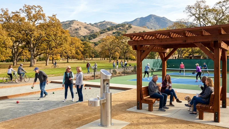 Alamo neighbors playing pickleball and bocce ball beside a newly built redwood picnic arbor and stainless-steel solar water bottle refilling station at Livorna Park in Alamo