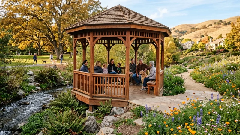 Alamo residents gathered inside a handcrafted redwood creek-viewing gazebo overlooking San Ramon Creek and a stone walking path bordered by California poppies at Andrew H. Young Park
