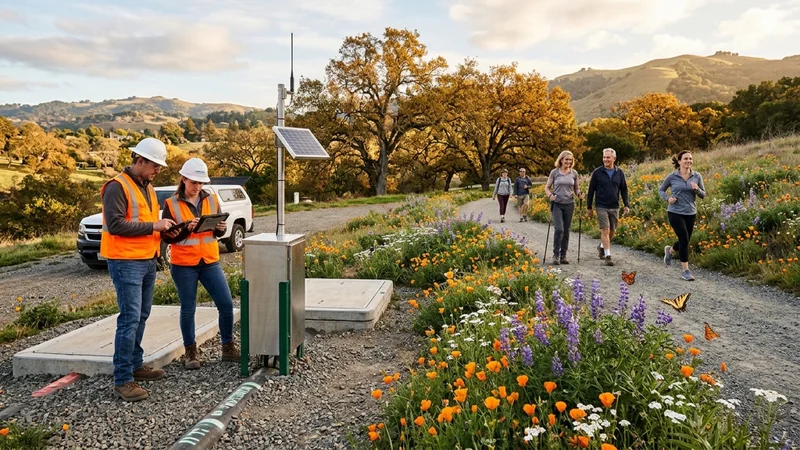 Water district engineers and Alamo walkers along a scenic gravel trail bordered by blooming native lupines and California poppies beside a solar-powered acoustic pipeline telemetry station in Alamo