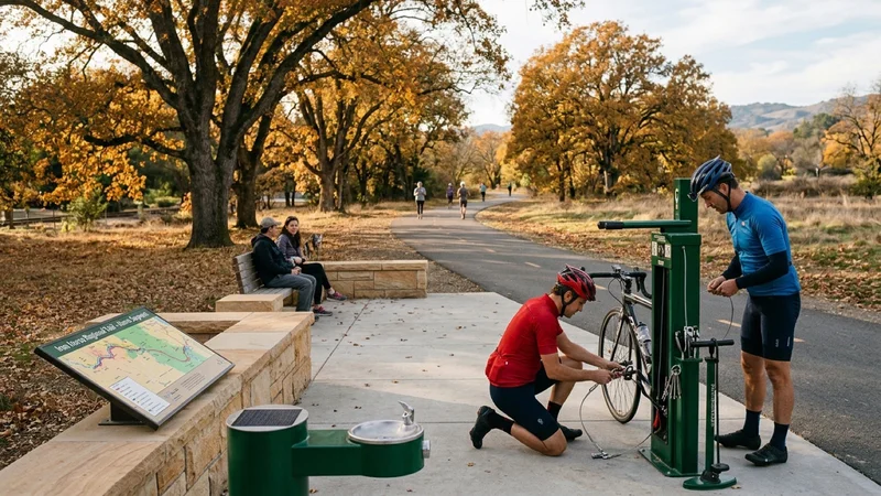 Cyclists adjusting a road bike at a green stainless-steel repair stand beside a stone seating plaza, solar water fountain, and autumn valley oak trees along the Iron Horse Regional Trail in Alamo