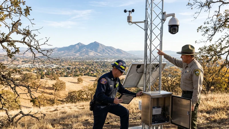Fire district engineers and open-space rangers inspecting a solar-powered wildfire camera and weather-sensor mast on a golden oak hill overlooking the Alamo valley and Mount Diablo