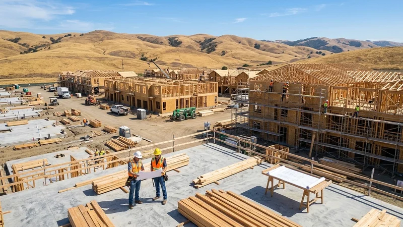 Multi-story residential housing construction framed in timber under a clear California sky