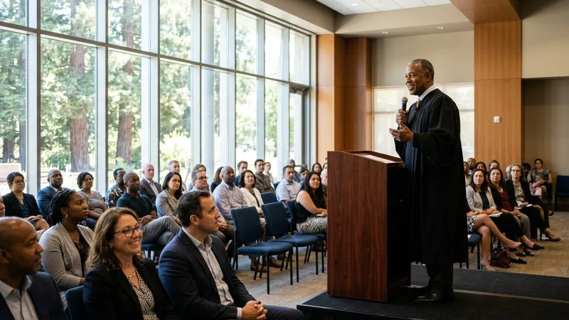 A Superior Court judge speaking at a podium before community organization members in Contra Costa County