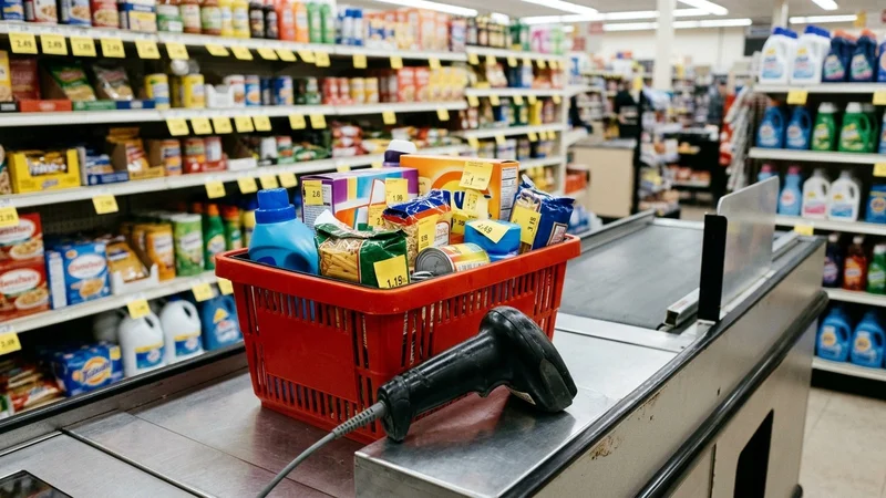Discount retail store checkout register barcode scanner and shopping basket with yellow shelf price tags in the background
