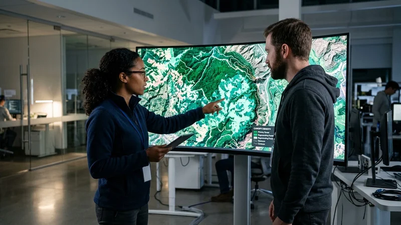 Data scientists in a Silicon Valley lab analyzing a high-resolution global satellite forest map on an ultrawide monitor