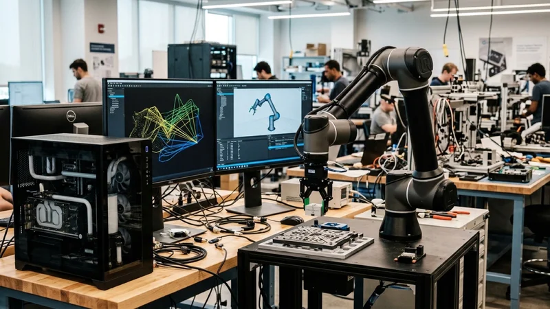 Six-axis industrial robotic arm in a high-tech robotics lab next to an AI developer workstation showing 3D trajectory planning