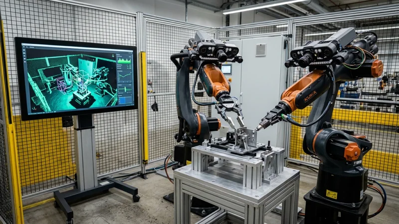 Dual articulated industrial robotic arms with multi-camera vision heads inside a smart factory lab beside a 3D digital twin simulation display