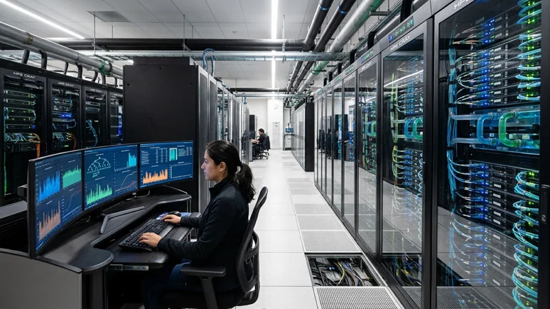 High-density liquid-cooled AI server racks in a Silicon Valley lab with an engineering display showing LLM token latency graphs