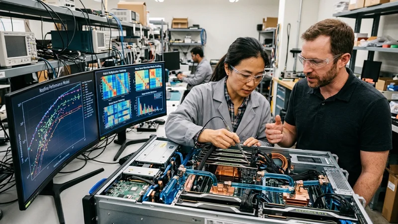 AI systems researchers in a Silicon Valley lab analyzing GPU tensor core roofline charts on dual ultrawide monitors beside a liquid cooled server chassis