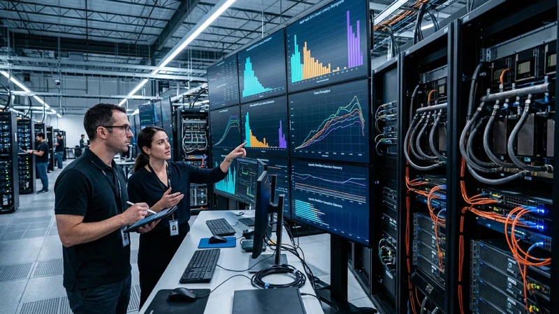 AI systems engineers in a Silicon Valley lab analyzing GPU latency histograms and agentic tool calling telemetry on a wall of monitors beside server racks