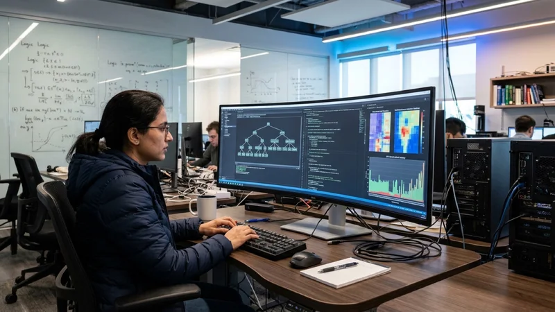AI systems researcher examining an ultrawide monitor displaying formal mathematical proof trees in Lean 4 alongside neural network charts