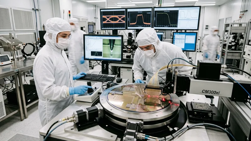 Hardware optical engineers in a cleanroom laboratory inspecting a 300mm silicon photonics co-packaged optics wafer under microscope probers