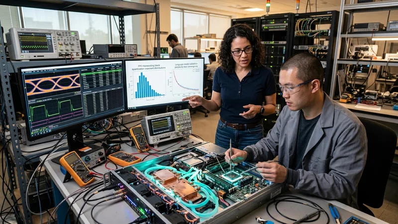 Hardware systems architect in a Silicon Valley lab analyzing oscilloscope waveforms and numerical perplexity curves on a dual-monitor workstation