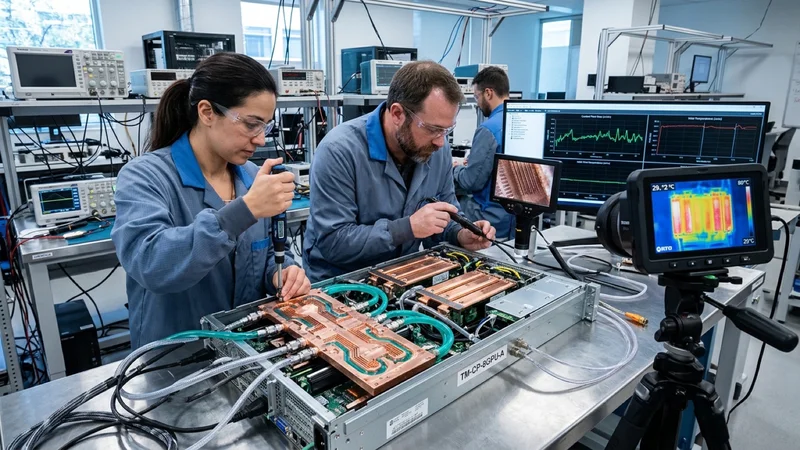 Thermal-mechanical hardware engineers in a Silicon Valley lab inspecting a micro-channel two-phase direct-to-chip liquid cooling copper coldplate manifold