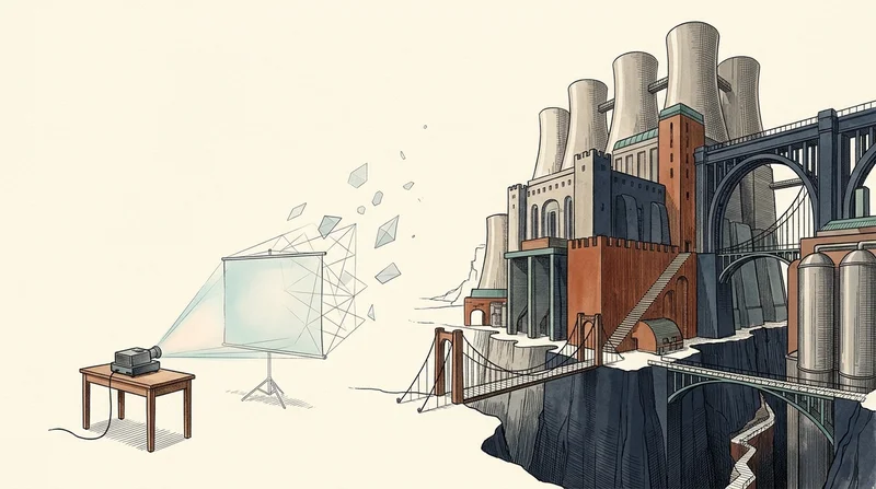 Editorial architectural illustration contrasting a lightweight startup slide projector dissolving into geometric wireframes on the left with a monumental cliffside complex of industrial cooling towers, bridges, and enterprise vaults on the right.
